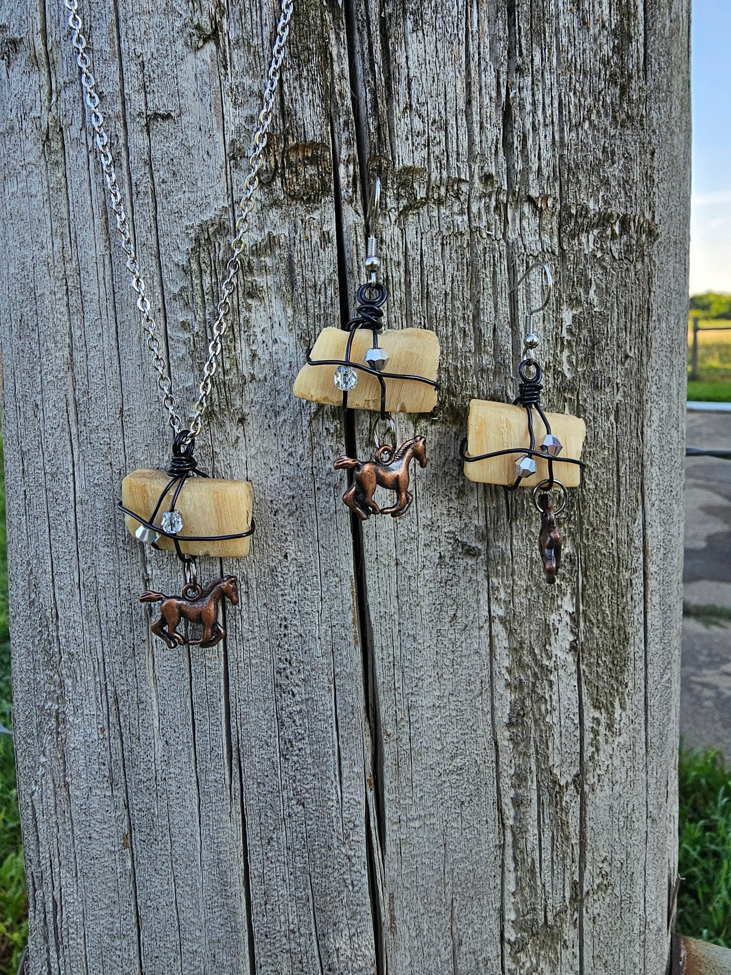 Horse Hoof with Copper Horses Necklace and Earring Set