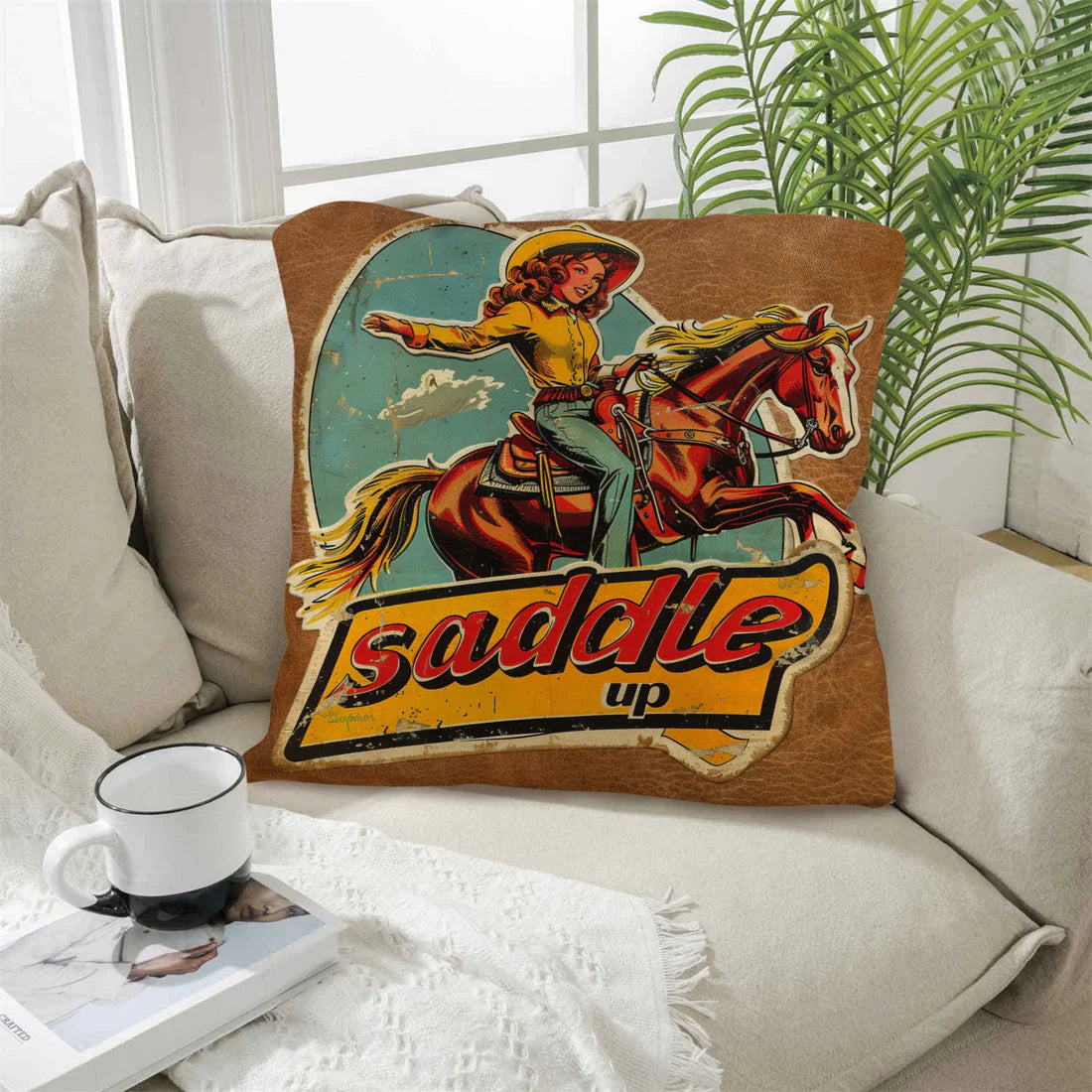 Saddle Up Vintage Cowgirl Throw Pillow Case 18" x 18" Made in America