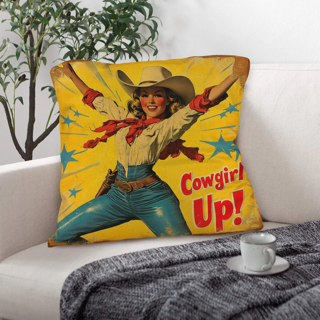 Cowgirl Up Vintage Cowgirl Throw Pillow Case 18" x 18" Made in America