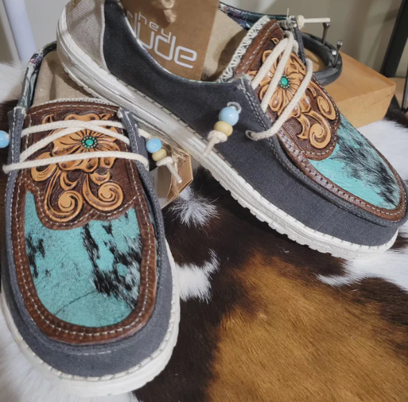 Tooled Leather & Hair on Hide Hey Dudes Custom Leather Womens Shoes Size 9