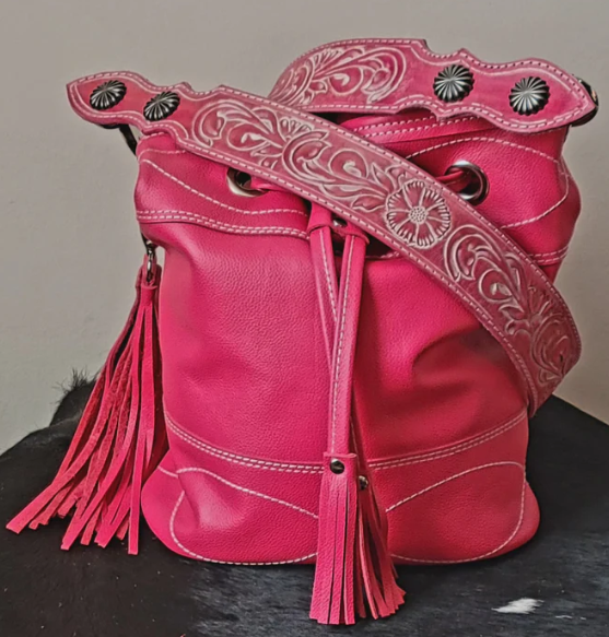 Pink Leather Bucket Bag with Hand Tooled Belt Strap Handbag