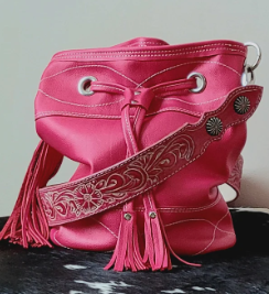 Pink Leather Bucket Bag with Hand Tooled Belt Strap Handbag