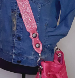 Pink Leather Bucket Bag with Hand Tooled Belt Strap Handbag