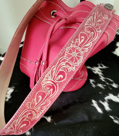 Pink Leather Bucket Bag with Hand Tooled Belt Strap Handbag