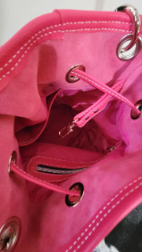 Pink Leather Bucket Bag with Hand Tooled Belt Strap Handbag