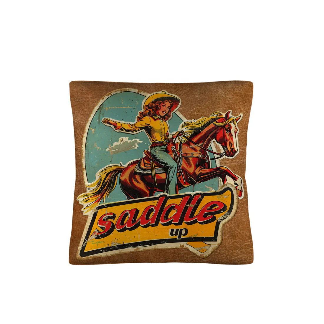 Saddle Up Vintage Cowgirl Throw Pillow Case 18" x 18" Made in America