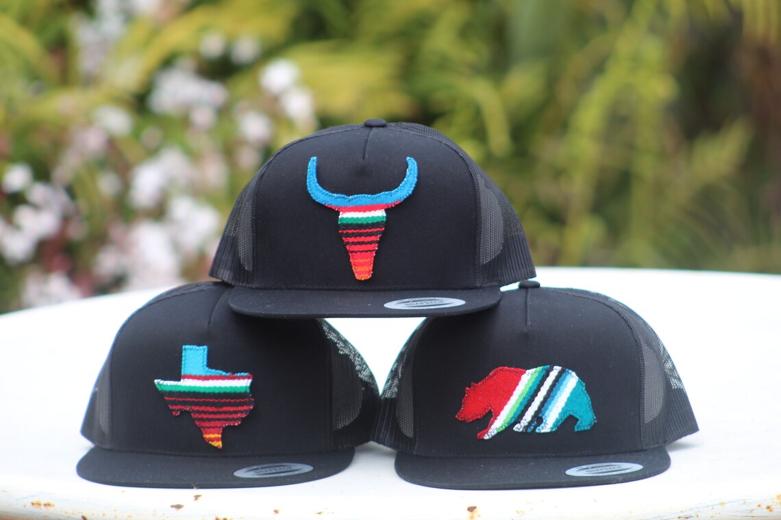 Flat Brim Trucker Hat with Serape Bear, Texas or Bull Skull