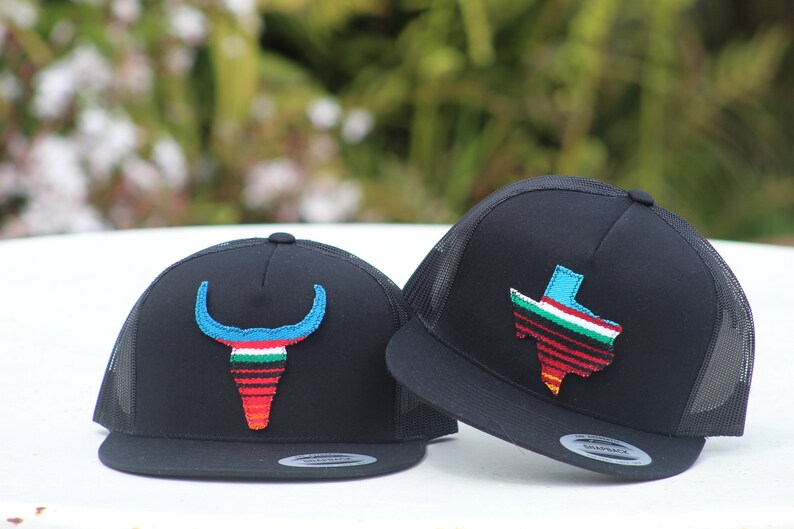 Flat Brim Trucker Hat with Serape Bear, Texas or Bull Skull