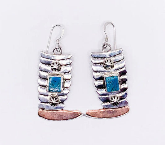 Sterling Silver Copper Turquoise Navajo made Cowgirl Boot Earrings