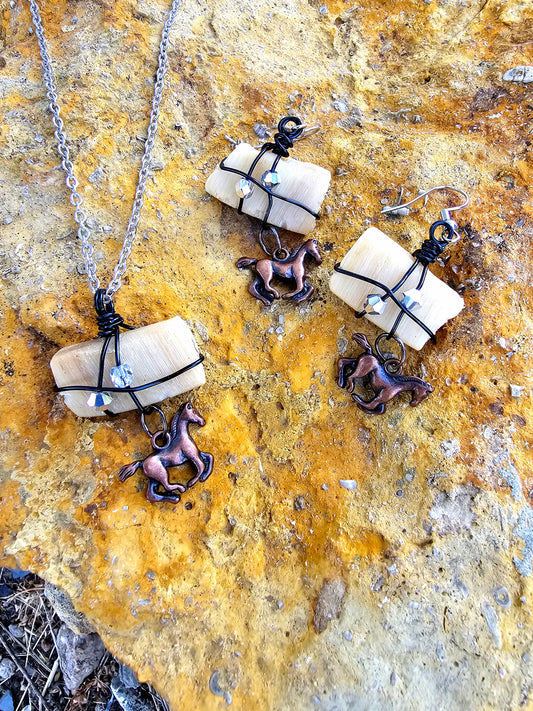 Horse Hoof with Copper Horses Necklace and Earring Set