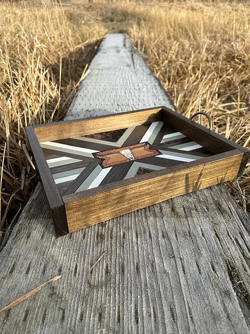 Handcrafted Wood Mosaic/Leather Table Trays