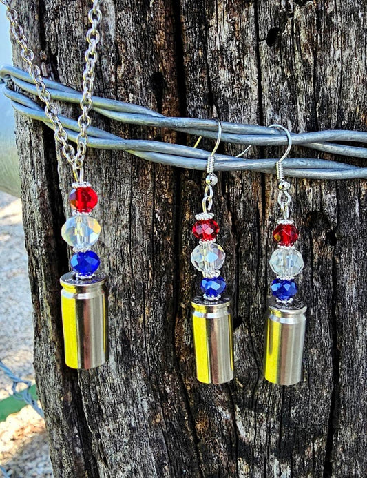 The Good Ol Red White and Blue Patriotic Casing Necklace and Earring Set