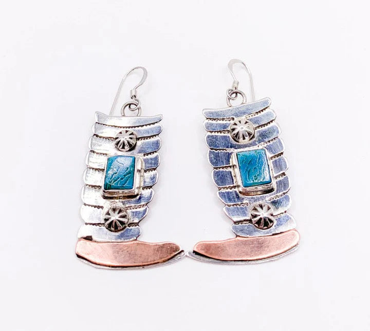 Sterling Silver Copper Turquoise Navajo made Cowgirl Boot Earrings